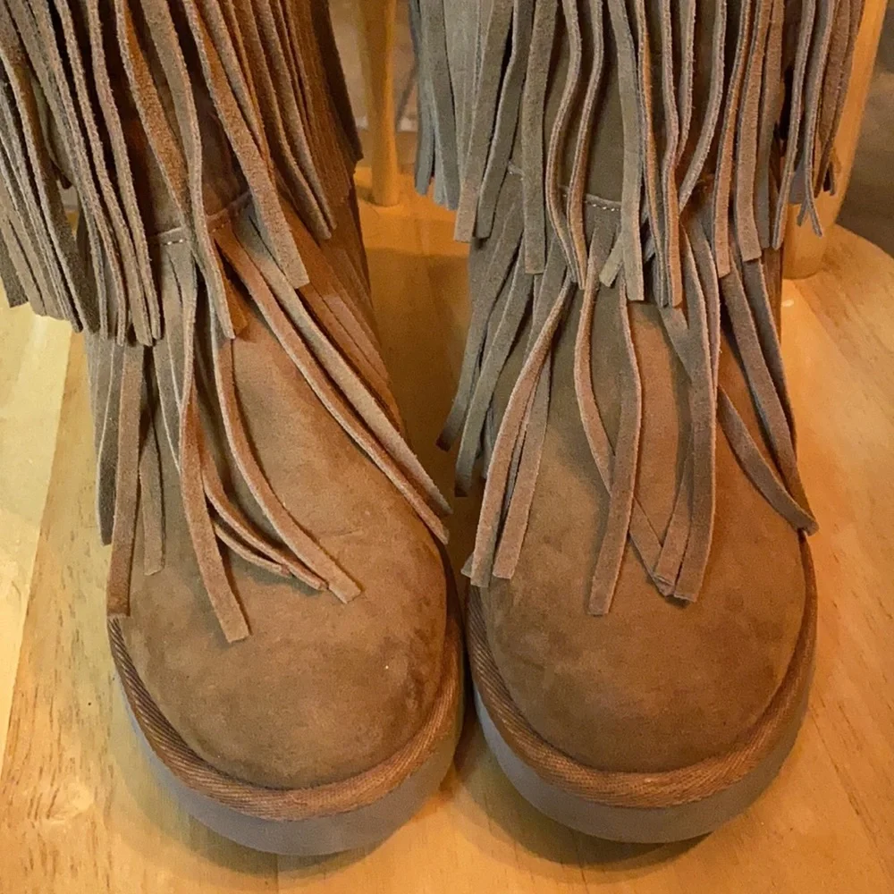 Madden Girl Tan Fringe Winter Boots with Cream Sherpa Cuff